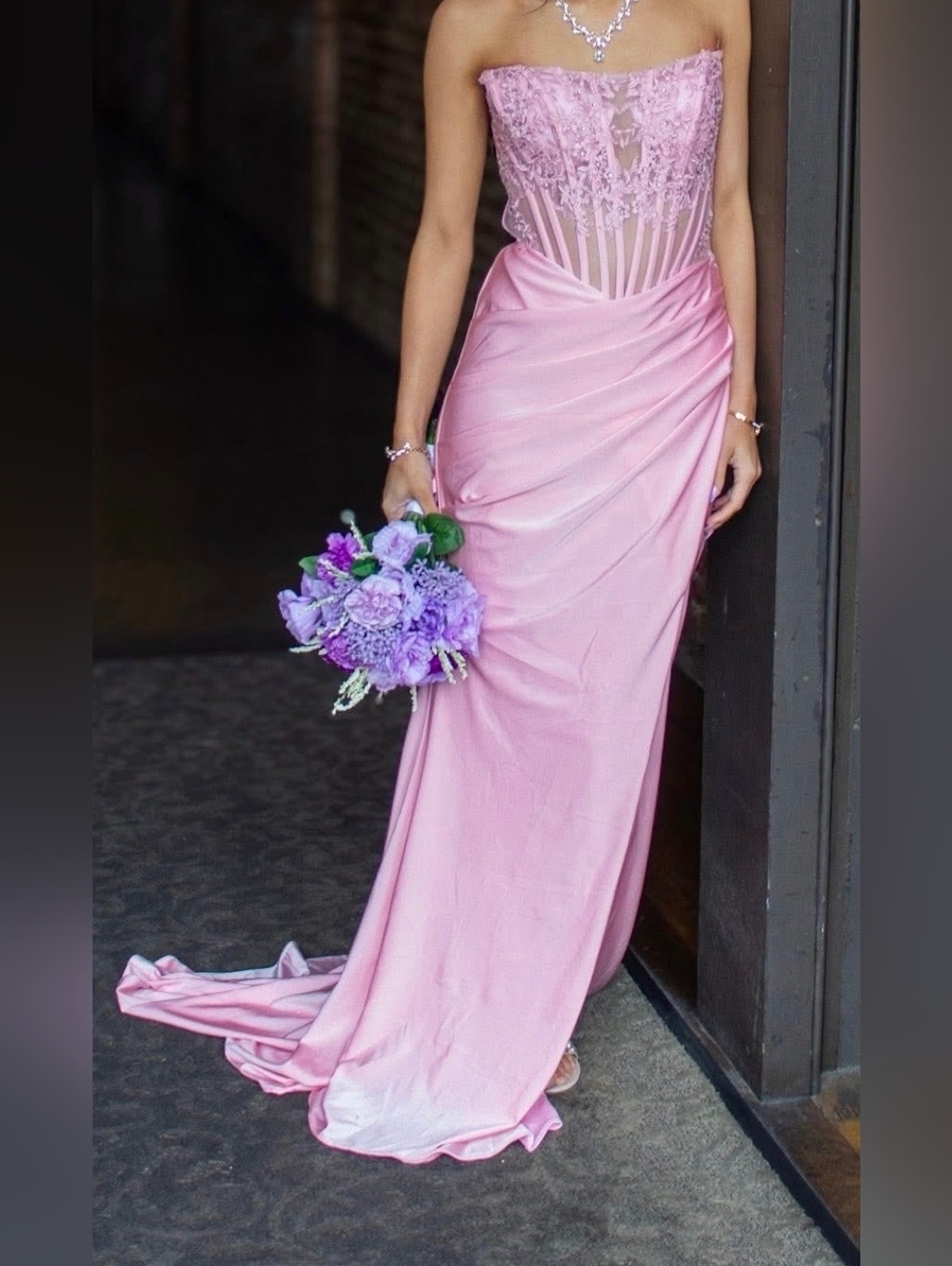 Strapless Pink Lace Bodice Evening Gown